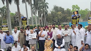 “Adani sarkar, shame, shame”: Sonia Gandhi joins opposition protest against Modi govt inside Parliament
