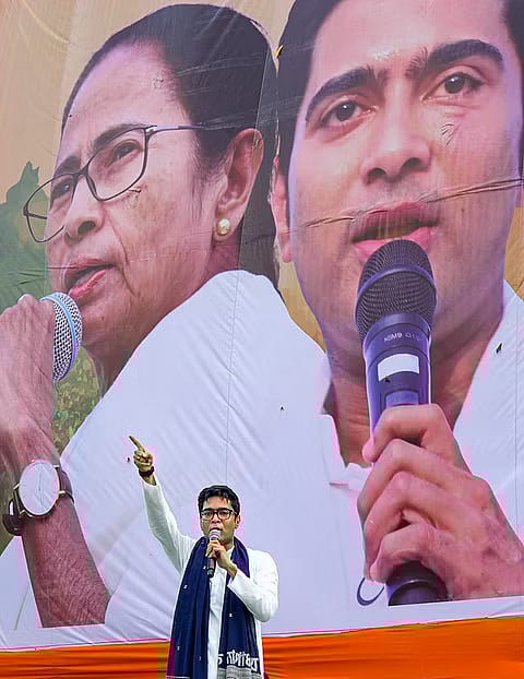 TMC National General Secretary and Mamata's nephew Abhishek Banerjee speaks during a protest rally of the TMC in Kolkata on Wednesday, 29 March.