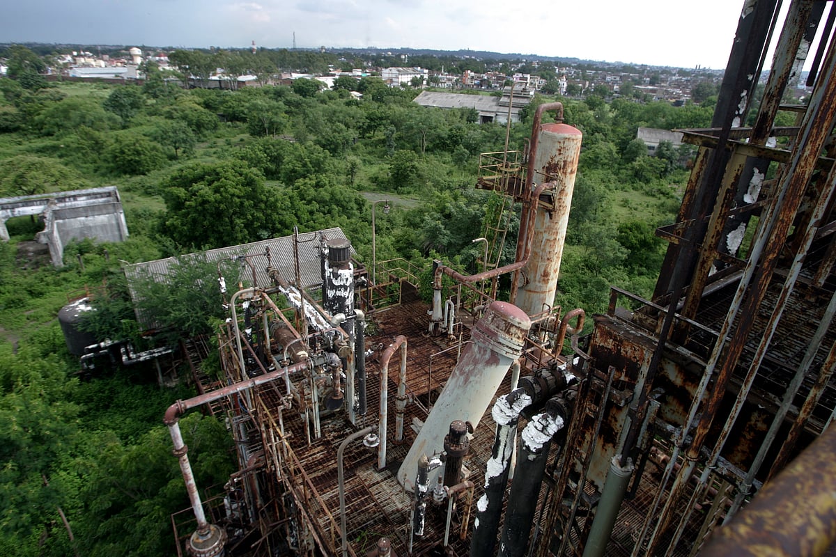 Rusting tanks inside the now derelict Union Carbide factory compound. These tanks used to store methyl isocyanide, the toxic chemical that leaked on December 23, 1984 killing at least 3,000 people in the following 72 hours and many thousands more subsequently.
