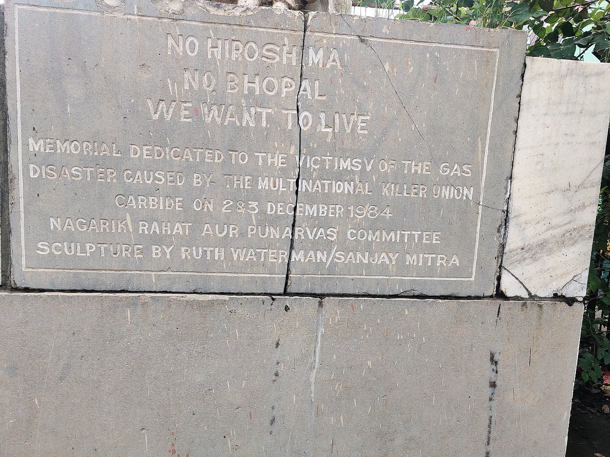 A statue made in memory of those who died, the plaque reads No More Hiroshima, No More Bhopal. Thousands of women and children also had serious injuries that left them permanently unable to work. Several sick children were born to parents who had drunk water that could cause cancer and genetic changes. A new group of people grew up sick and with disabilities.