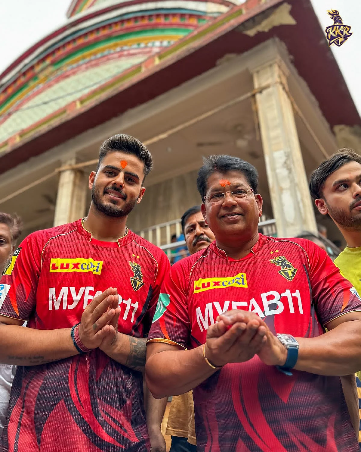 Chandrakant Pandit and Nitish Rana, the KKR head coach and stand-in skipper, offer prayers at the Kalighat temple in Kolkata.
