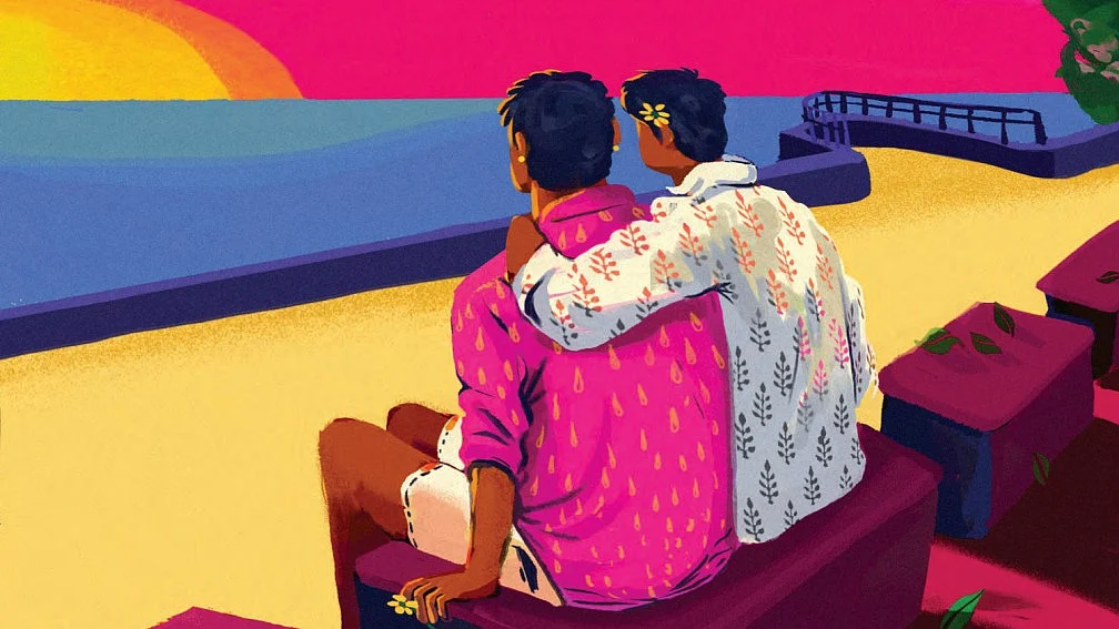 An illustration of a queer couple at the beach witnessing a sunset (Illustration: Harmeet Rahal/ PinkList India)
