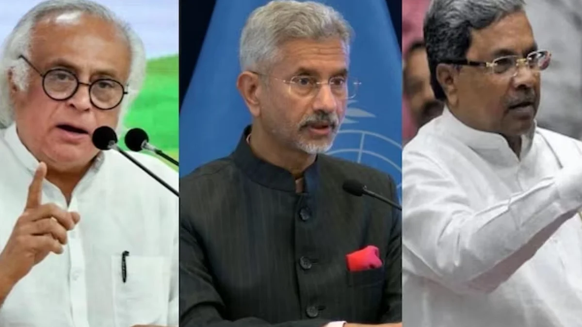 (L-R); Congress General Secretary Jairam Ramesh, External Affairs Minister S Jaishankar, and Former Karnataka Chief Minister Siddaramaiah.