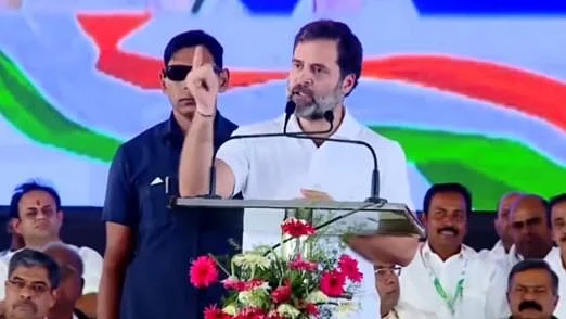 Rahul Gandhi addresses a gathering in Karnataka's Kolar on Sunday. The state is going to polls on May 10