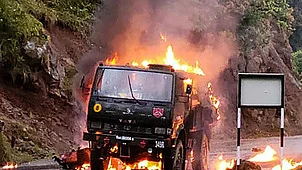 The army truck was fired upon by the terrorists,later caught fire