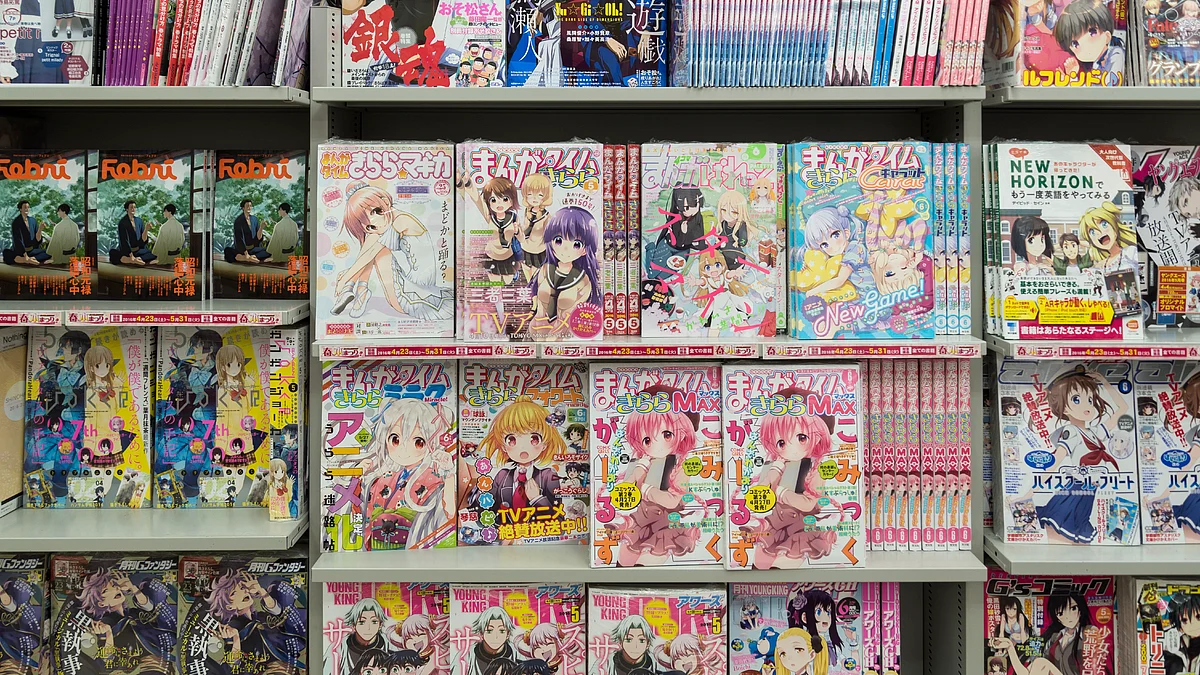Bookshelf with anime comic books and magazine in a shop in Akihibara, Tokyo, Japan.