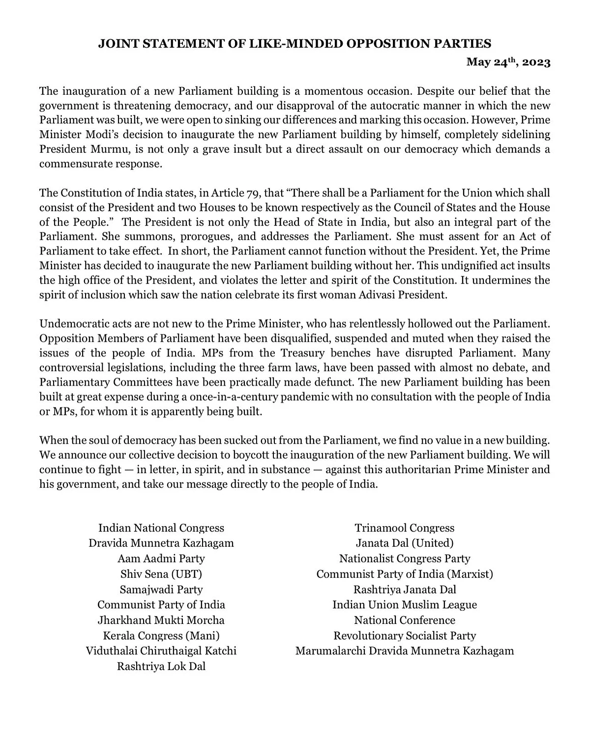 19 Opposition parties to boycott inauguration of new Parliament
