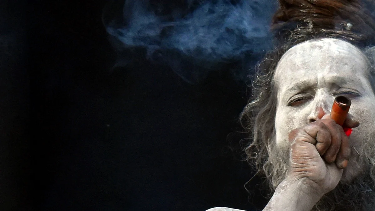 A Sadhu or a Hindu holy man, smeared with ash, smokes marijuana (Photo by Sudipta Das/Pacific Press/LightRocket via Getty Images)