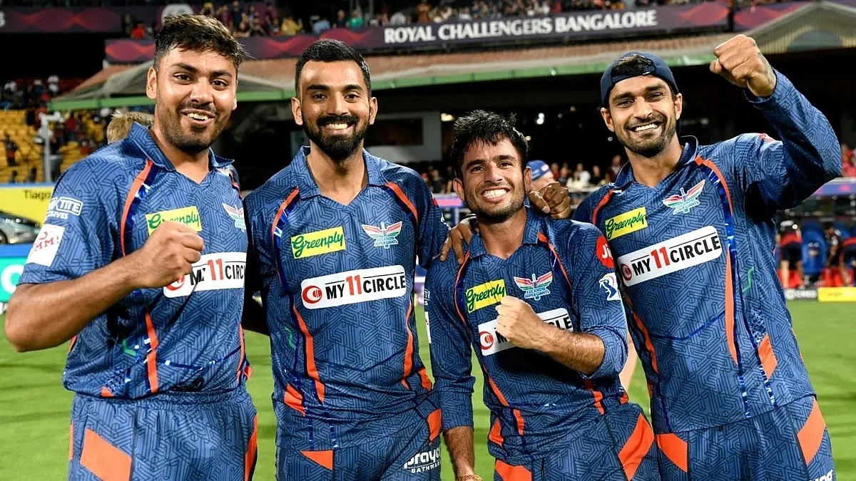 The Lucknow Super Giants in their current blue and flaming orange shirts (photo courtesy lucknowsupergiants.in)