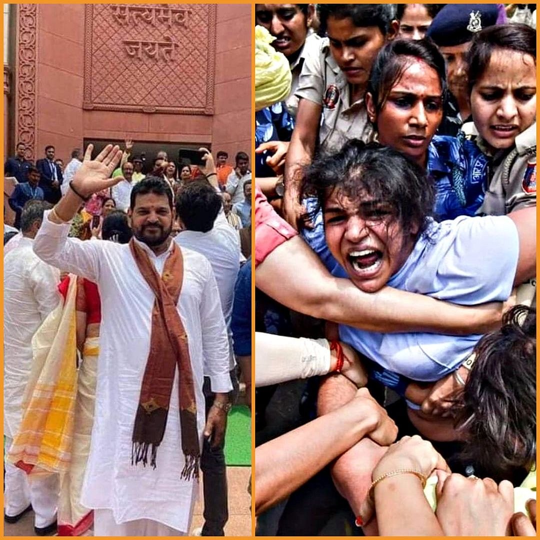 On the left, Brij Bhushan Singh at the parliament inauguration ceremony, in front of the gate subtended by the legend 'Satyameva jayate [the victory of truth]'; on the left, Olympian wrestler Sakshi Mailk restrained forcibly by several police officers, as she screams (juxtaposed image courtesy Banajyotsna Lahiri/Facebook)