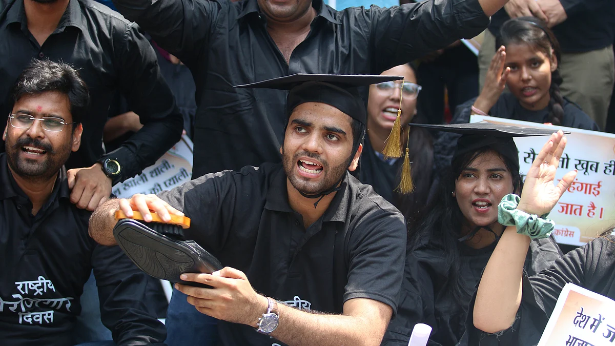 Indian Youth Congress members organised 'berojgari melas' across the country on 17 September 2022 to observe PM Narendra Modi's birthday as unemployment day (Photo: Getty Images)