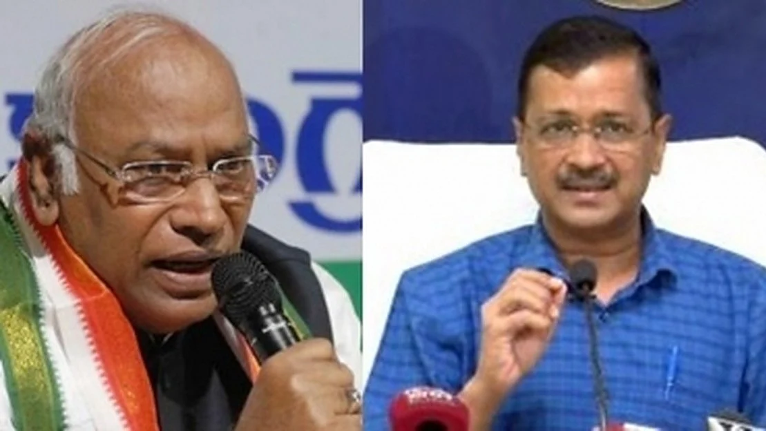 Congress President Mallikarjun Kharge (left) and Delhi Chief Minister Arvind Kejriwal (right) (Photo: IANS)