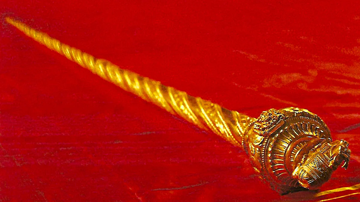 The much-discussed sengol, a sceptre from a religious body that was installed in Parliament today (Photo Courtesy PTI)