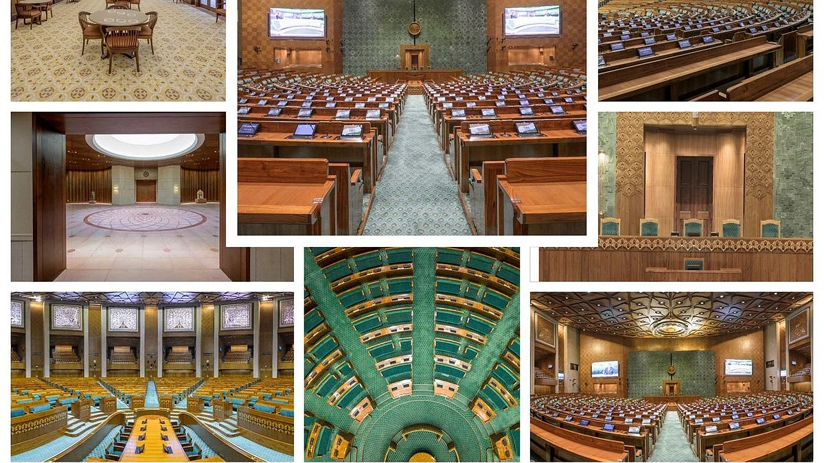 Images of the interior chambers of the new parliament building, including views of the Rajya Sabha and Lok Sabha, predominantly furnished in shades of green and amber. A suggestion of the dharmachakra layout of the Lok Sabha and part of the peacock feather-inspired ceiling are seen (photo courtesy @nitin_gadkari/Twitter)