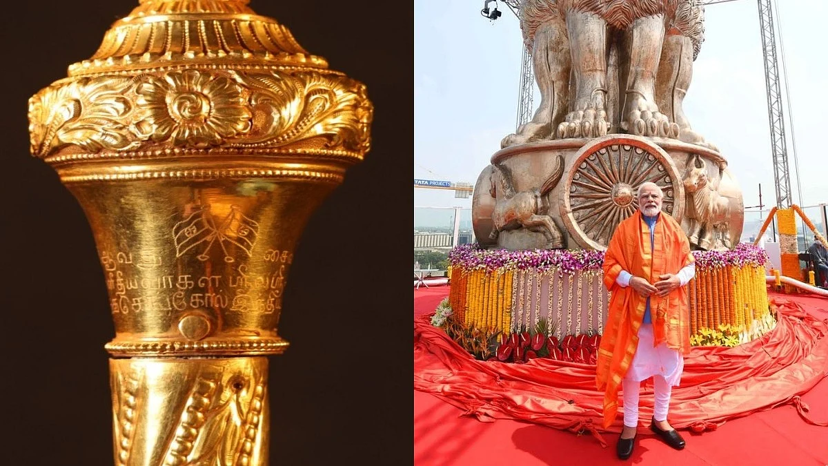 The 'sengol' supposedly designated for the Speaker of the Lok Sabha (left; photo courtesy: Amit Shah); PM Modi inaugurating the lion capital by the new Parliament building (right; photo courtesy @TimesAlgebraIND/Twitter)