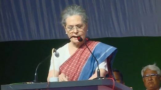 Sonia Gandhi addresses a rally in Karnataka's Hubballi on Saturday.
Photo courtesy: @INC/ Twitter