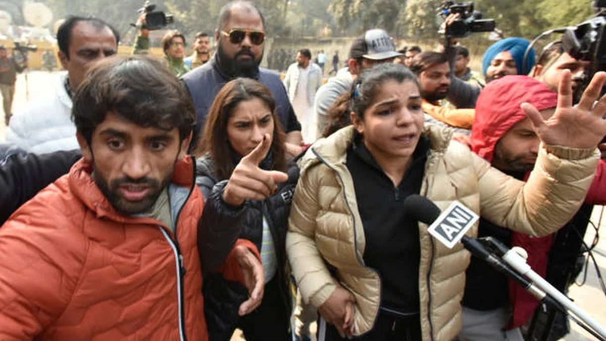 Indian Wrestlers Vinesh Phogat, Sakshi Malik, Bajrang Punia during the protest against the Wrestling Federation of India (Getty Images)