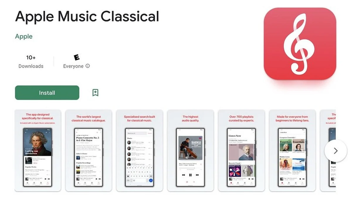 Screenshot of apple music classical on Google Play Store (photo courtesy @MacRumors/Twitter)