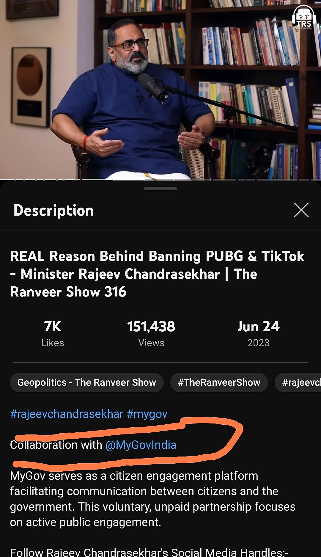 Beer Biceps' podcast with Rajeev Chandrasekhar, @MyGovIndia is highlighted (Photo: @SmallTownerr/Twitter)