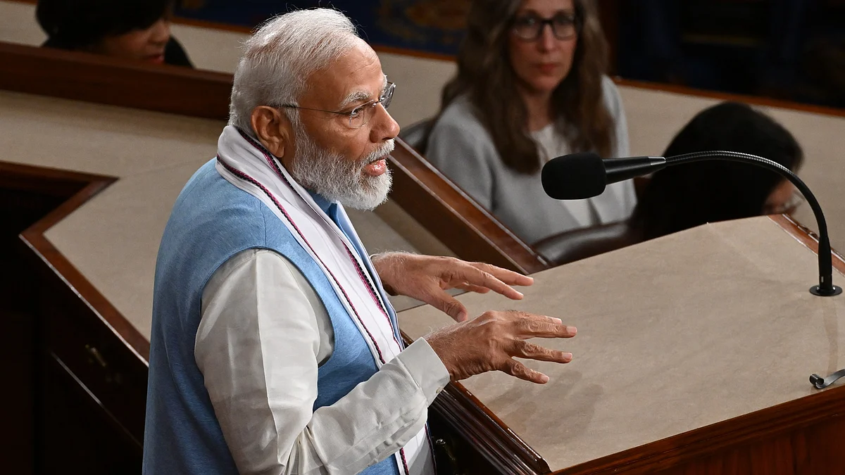 Prime Minister Narendra Modi addresses a joint session of the US Congress on 22 June 2023 in Washington DC (photo: Ricky Carioti/The Washington Post via Getty Images)