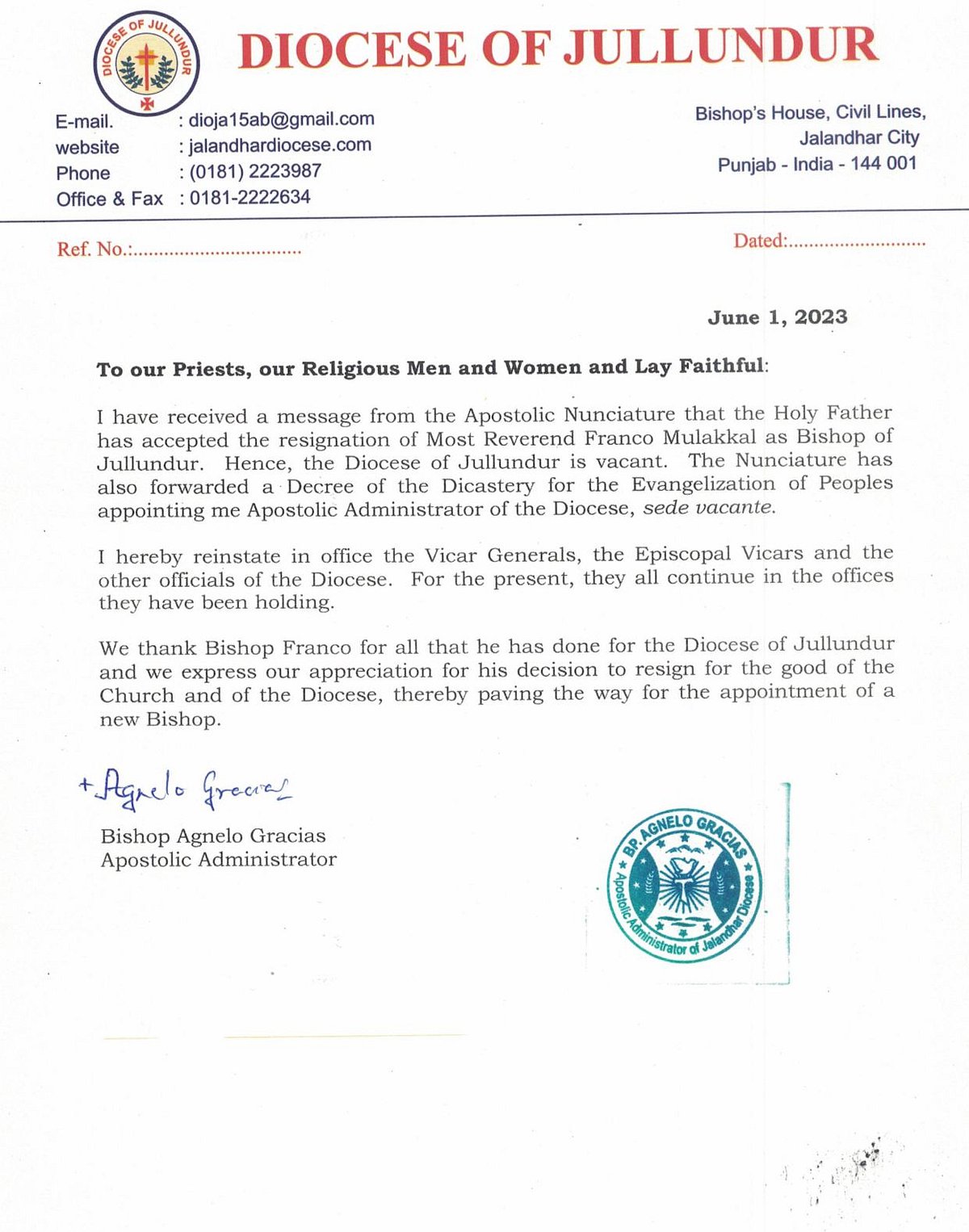 The statement released by the Diocese of Jalandhar