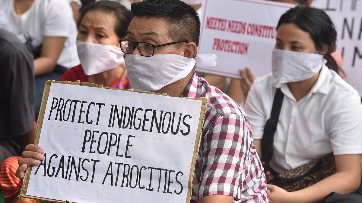 Meitei community people protesting in Delhi (Photo courtesy: Getty Images)