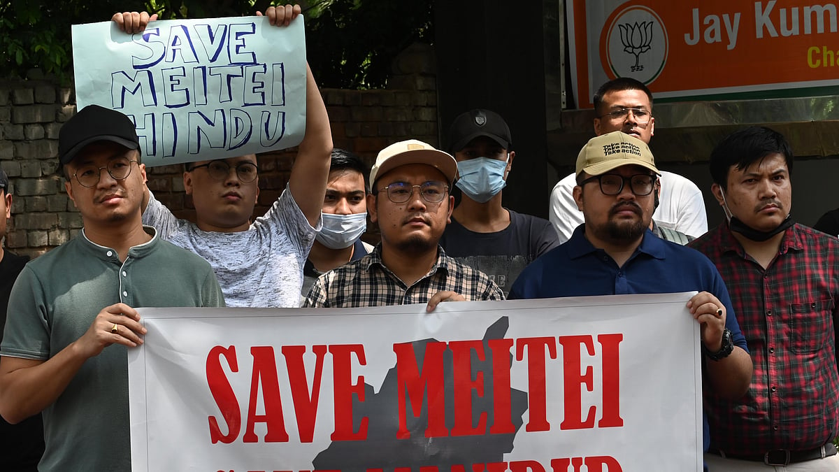 A group of people from Manipur's Meitei community staged a demonstration protest at Jantar Mantar against the ongoing violence in the Manipur state. (photo: Getty Images)