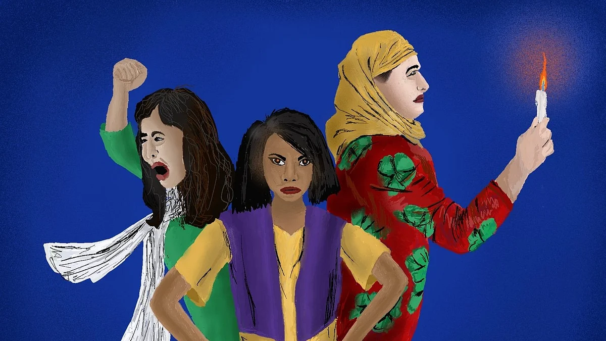 An illustration of three women, one of whom is holding a candle, in solidarity against violence (photo courtesy Aasawari Kulkarni/Feminism In India)