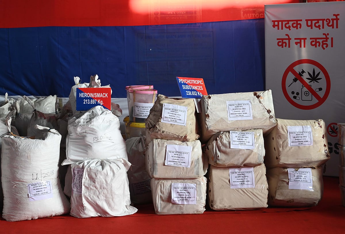 Bundles of drugs were arranged prior to destroying them at an incinerator by Delhi Police under the Centre's 'Nasha Mukt Bharat Abhiyan', at Amritapuri, Nilothi Village, on December 21, 2022. (photo: Getty Images)