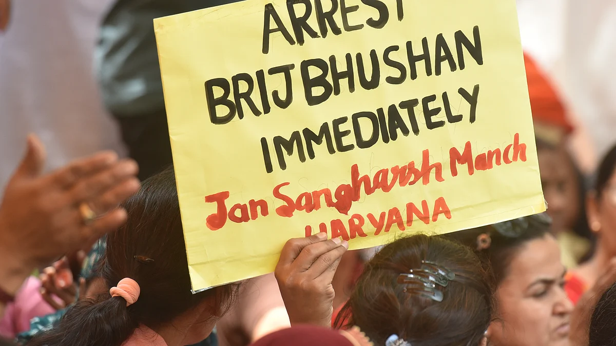 Supporters during the protest against WFI president Brij Bhushan Sharan Singh, at Jantar Mantar, on May 14, 2023, in New Delhi, India. (Photo: Getty Images)