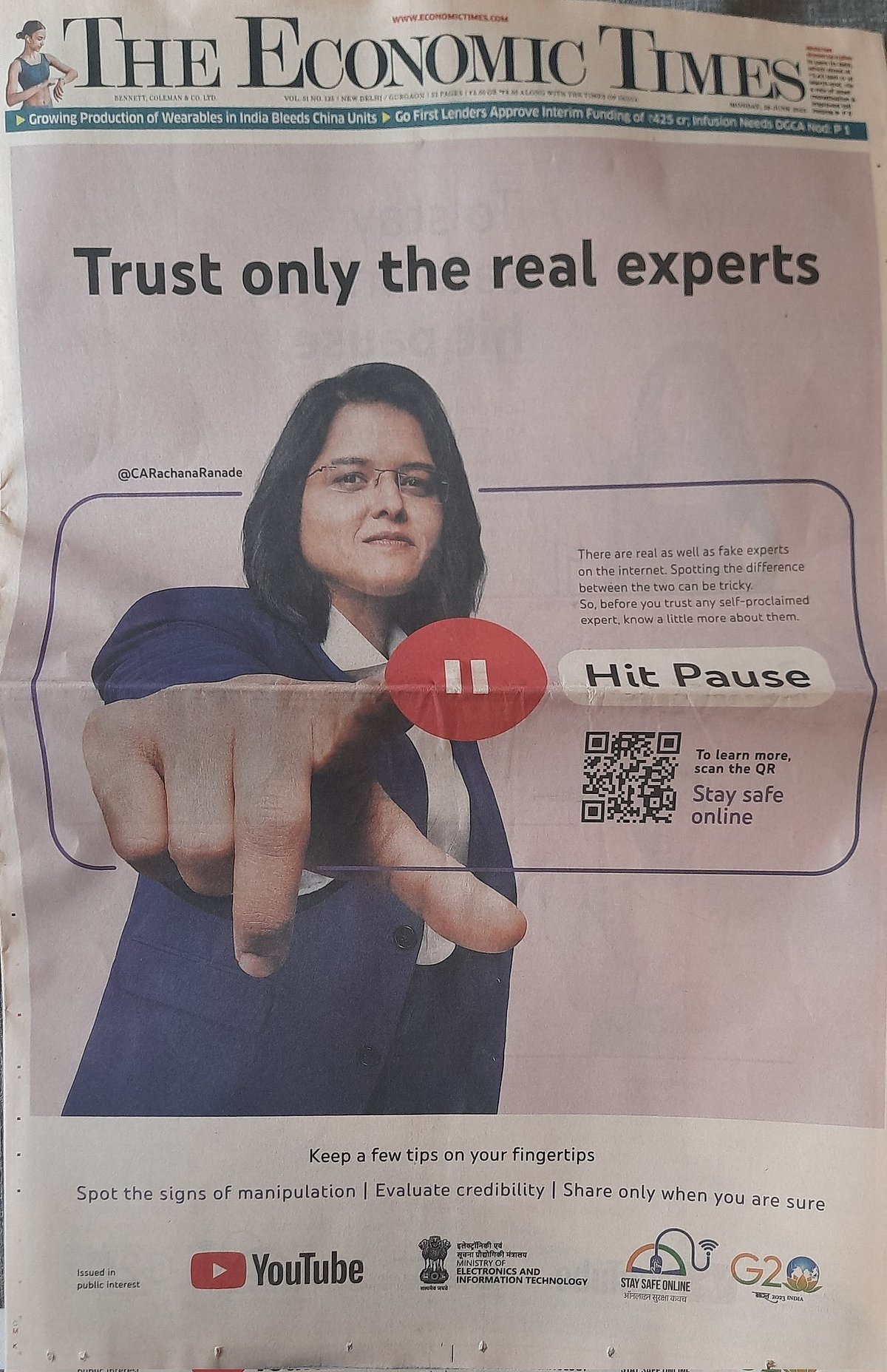 Economic Times ad 'Hit Pause' endorsed by MeitY (@ActusDei/Twitter)