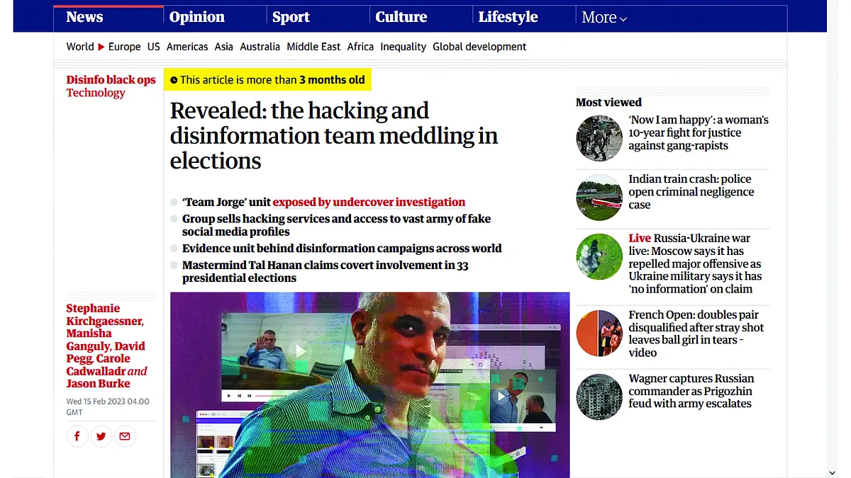 A screen grab of 'The Guardian' website with an article profiling ‘Team Jorge’ and its founder Tal Hanan