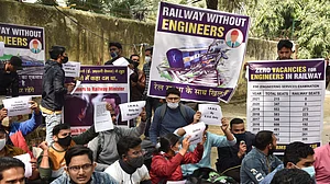 Engineers staging a protest demanding jobs in Indian Railways, at Jantar Mantar in New Delhi, 23 February 2022 (photo: Getty Images)