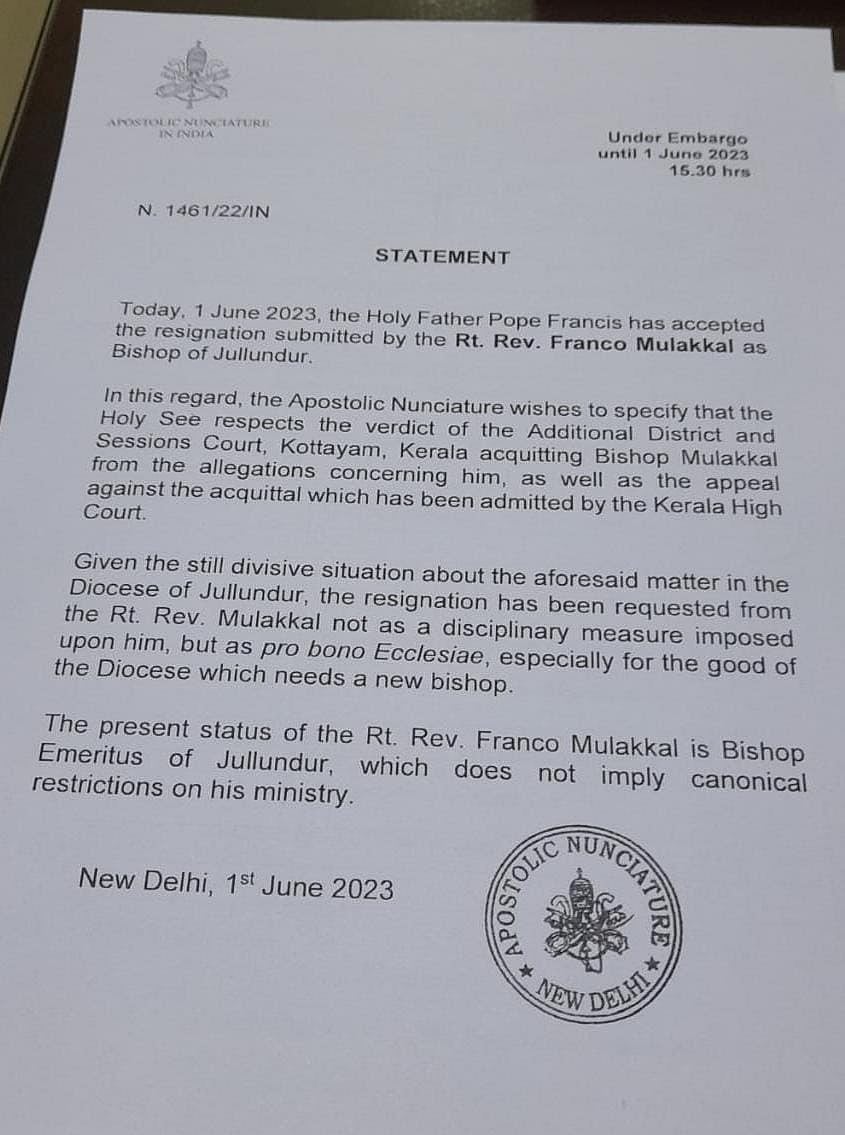 The statement released by the Apostolic Nunciature in New Delhi