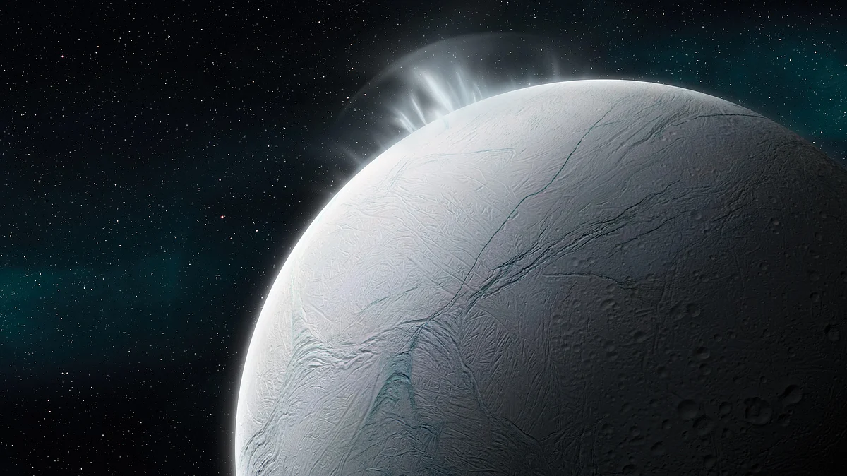 Illustration of vapour plumes erupting from the surface of Enceladus, Saturn's sixth-largest moon (photo: Getty Images)