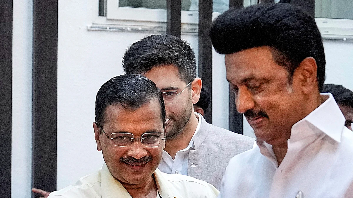 TN Chief Minister M K Stalin with Delhi counterpart Arvind Kejriwal (Photo Courtesy: PTI)