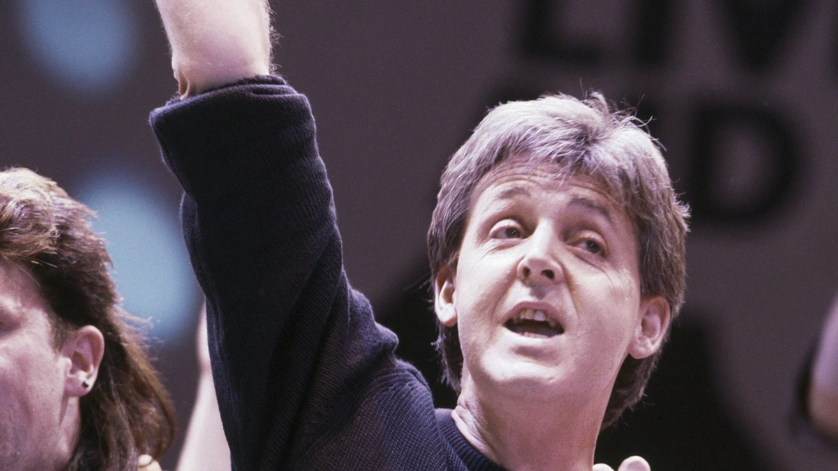 Paul McCartney on stage during the Live Aid concert held in London, 1985. (photo: Jacques Langevin/Sygma/Sygma via Getty Images)