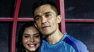 Chhetri put the captain's armband on wife Sonam after India's triumph in Hero Intercontinental Cup on Sunday (photo courtesy @rohityadav1098/Twitter)
