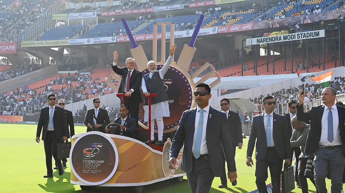 Australian prime minister Anthony Albanese (left) and India's Narendra Modi at the India v Australia 4th Test match, in Narendra Modi Stadium,  Ahmedabad, India, on 8 March 2023 (photo: Prakash Singh/Bloomberg via Getty Images)