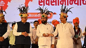 Maharshtra chief minister Eknath Shinde with Dy CMs Devendra Fadnavis and Ajit Pawar in Gadchiroli on Saturday (July 8) (Photo courtesy: @CMOMaharashtra/ Twitter)