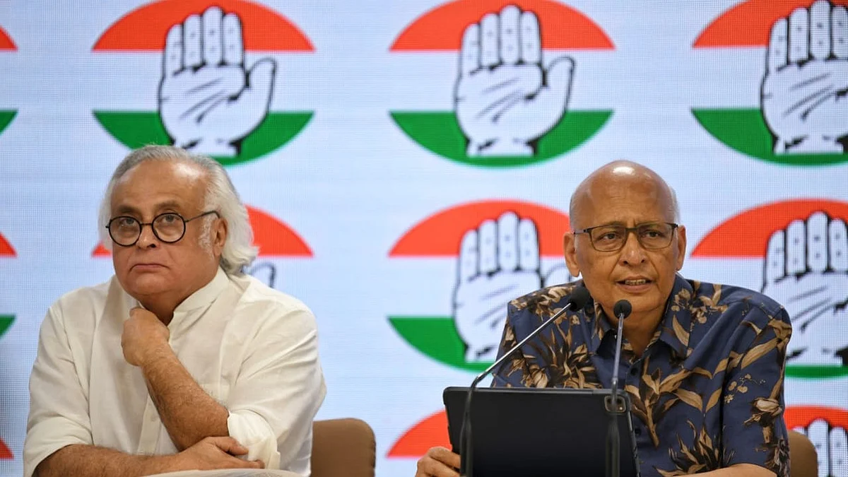 Abhishek Manu Singhvi with Jairam Ramesh at AICC press conference (Photo: Vipin/National Herald)