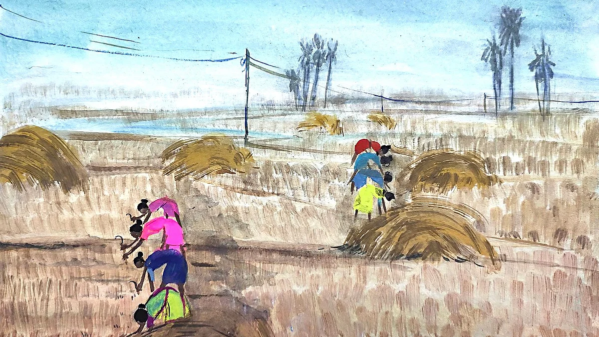 Women at work in the fields. Most of the families in these villages own agricultural land where they primarily cultivate paddy. It was harvest time when
the artist visited Deocha (Artwork: Labani Jangi)