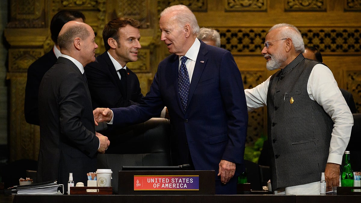 Narendra Modi and Joe Biden meeting delegates in G20 (Photo by Leon Neal/Getty Images)