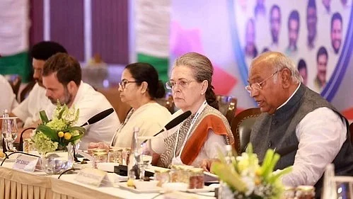 File photo of an INDIA bloc meeting with (from left) Rahul Gandhi, Mamata Banerjee, Sonia Gandhi and Mallikarjun Kharge (photo: IANS)