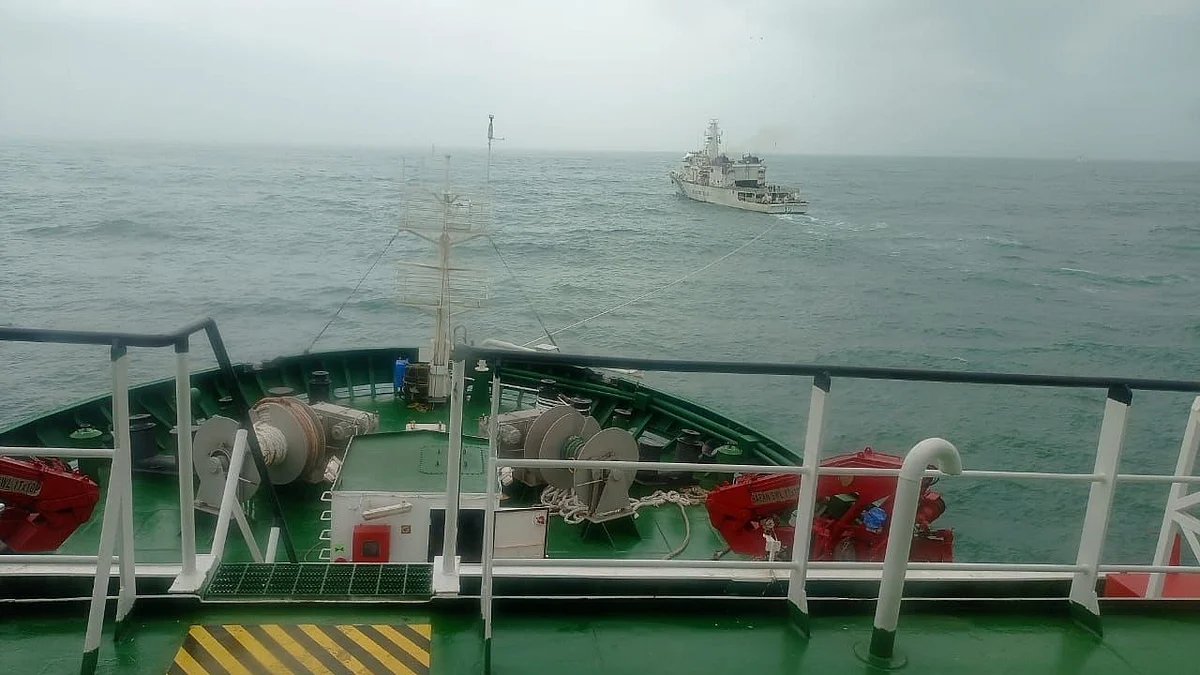 Research vessel RV Sindhu Sadhana being towed to Goa by the Indian Coast Guard (Photo courtesy: Indian Coast Guard)