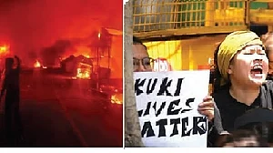 Violence in Manipur; (right) Tribal Manipuris protest in New Delhi
