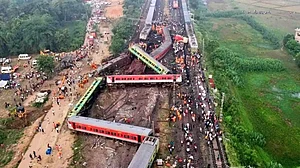 An aerial view of the accident site at Bahanaga Bazar railway station in Odisha’s Balasore district, where three trains collided in a three-way crash on 2 June (photo: Getty Images)
