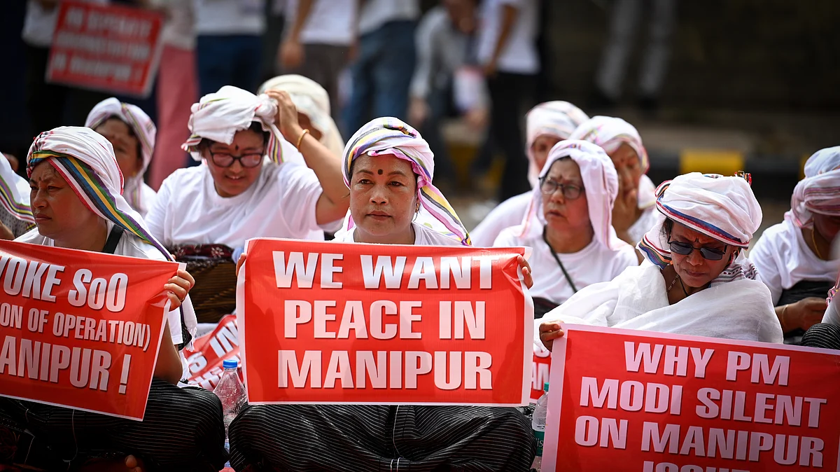 Women from Manipur raise slogans during a protest over the ongoing violence in the state, at Jantar Mantar, on June 19, 2023 in New Delhi, India. (Photo: Getty Images)