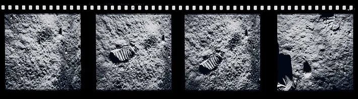 Buzz Aldrin's own photo of his footprints on the surface of the moon, potentially immortalised by the absence of any atmosphere to disturb them, from the December 1969 edition of the 'National Geographic' magazine (courtesy National Geographic)