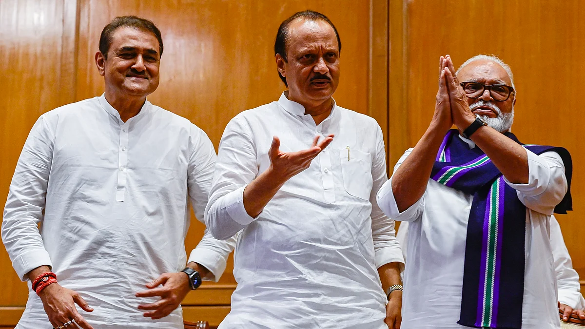 NCP leader and newly appointed Dy CM Ajit Pawar, NCP MP Praful Patel and NCP MLA and minister Chhagan Bhujbal  (Photo: Getty Images)